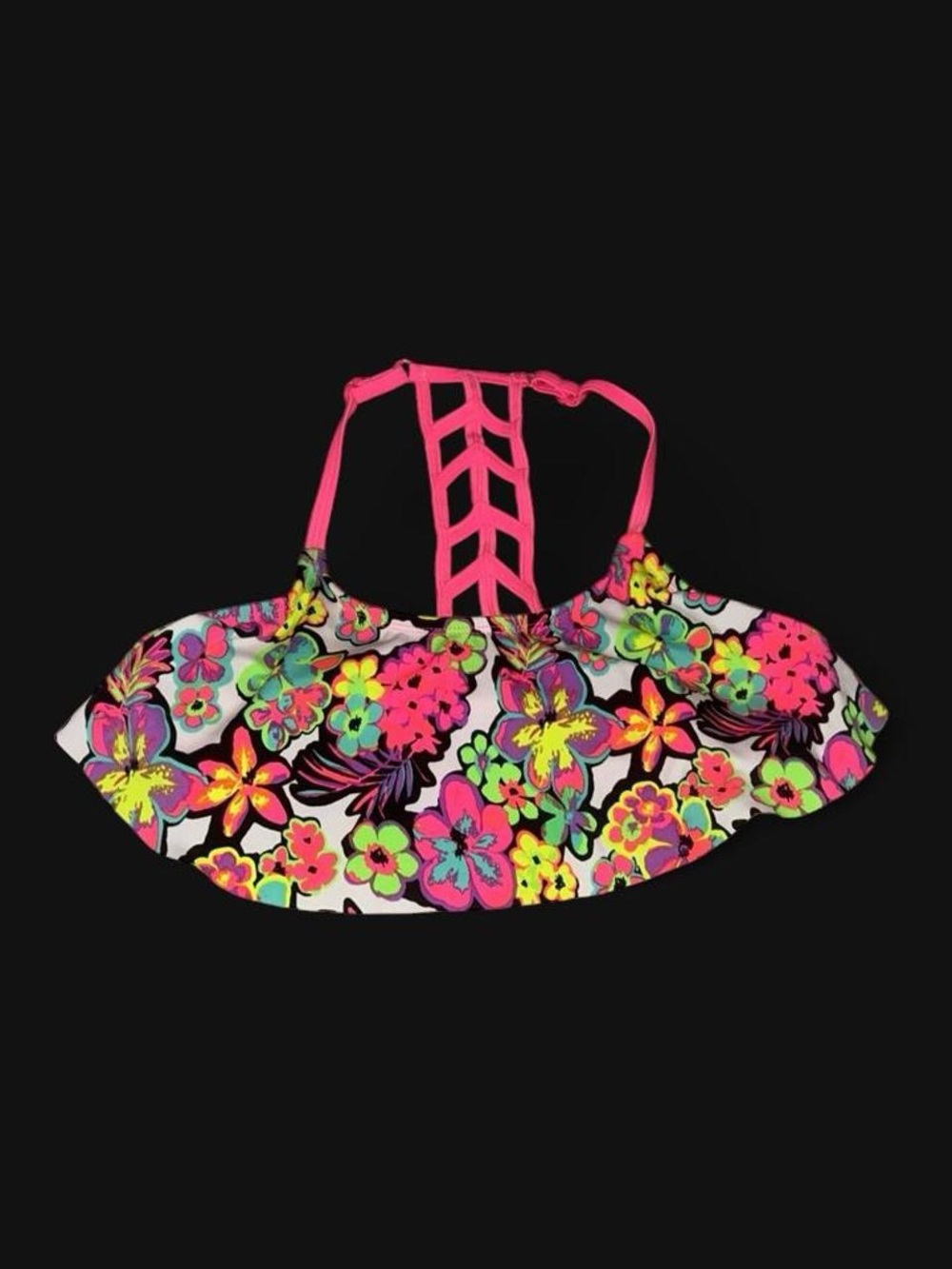 Justice Neon Floral Halter Swim Top - Pink, Yellow, Green